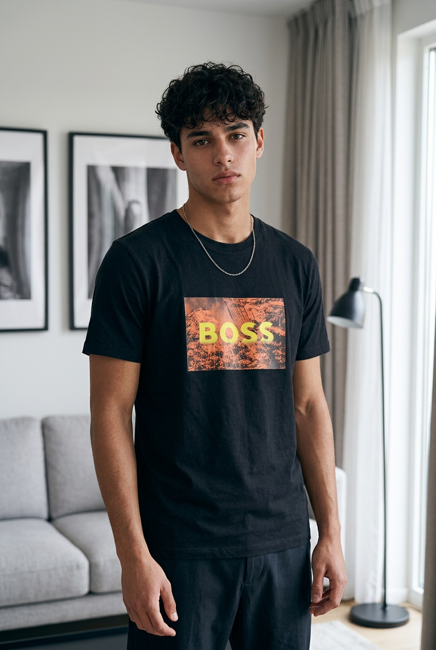 Camiseta Hugo Boss Logo Foto Paisaje Negra Hombre - Manga Corta Algodón