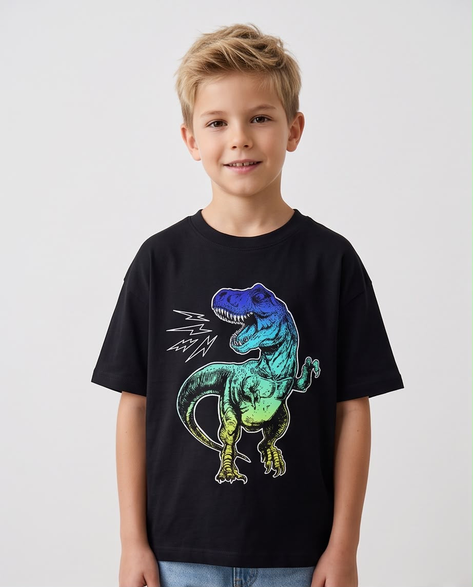 Camiseta Dinosaurio T-Rex Degradado Neon Negra Niño - Niños Oversize