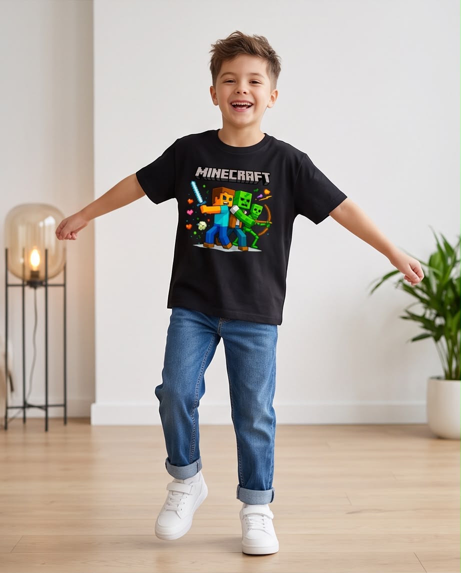 Camiseta Minecraft Batalla Steve Zombie Negra Niño - Niños Oversize