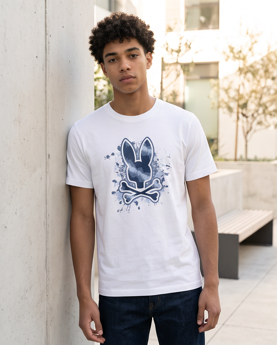 Camiseta Psycho Bunny Logo Splash Azul Marino Blanca Hombre - Manga Corta Algodón