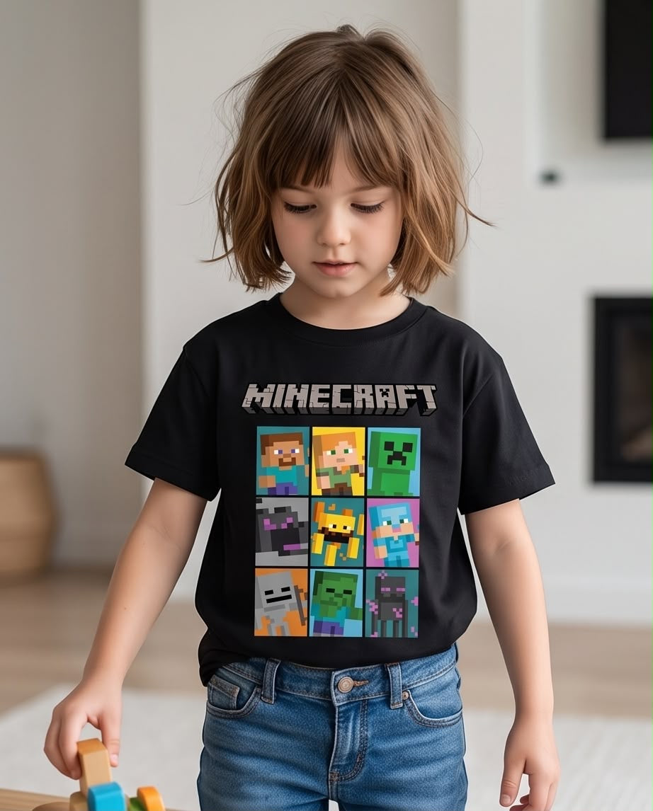 Camiseta Minecraft Personajes Grid Multicolor Negra - Niños Oversize