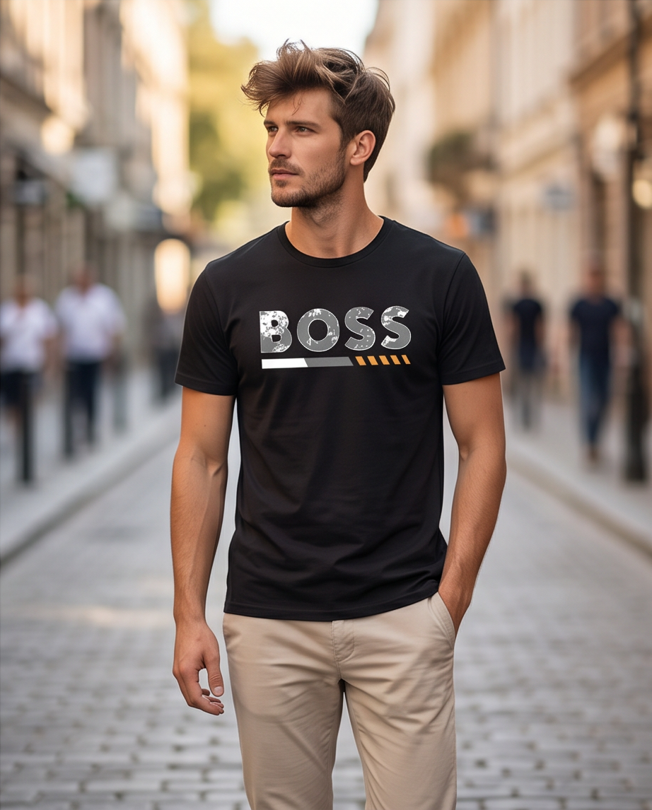 Camiseta Hugo Boss Logo Texturado Detalle Naranja Negra Hombre - Manga Corta Algodón