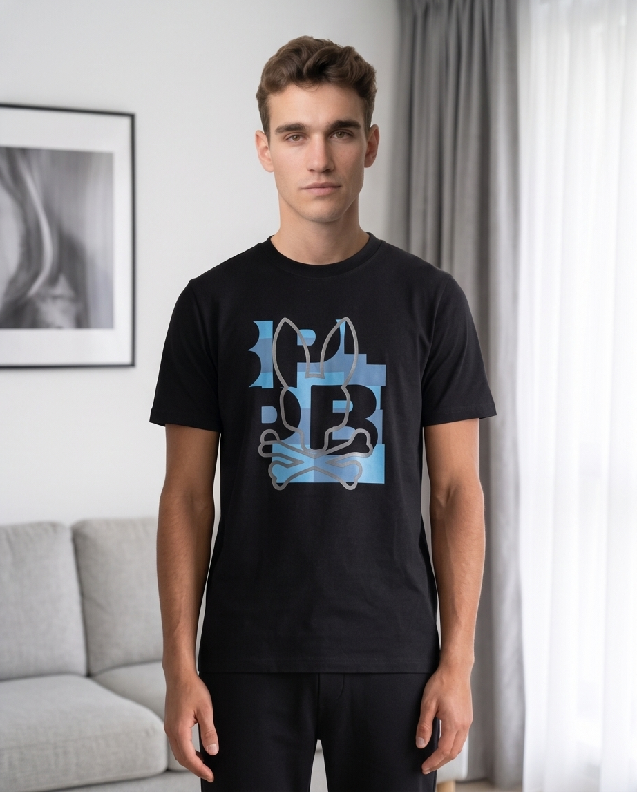 Camiseta Psycho Bunny Logo Geometrico Azul Negra Hombre - Manga Corta Algodón