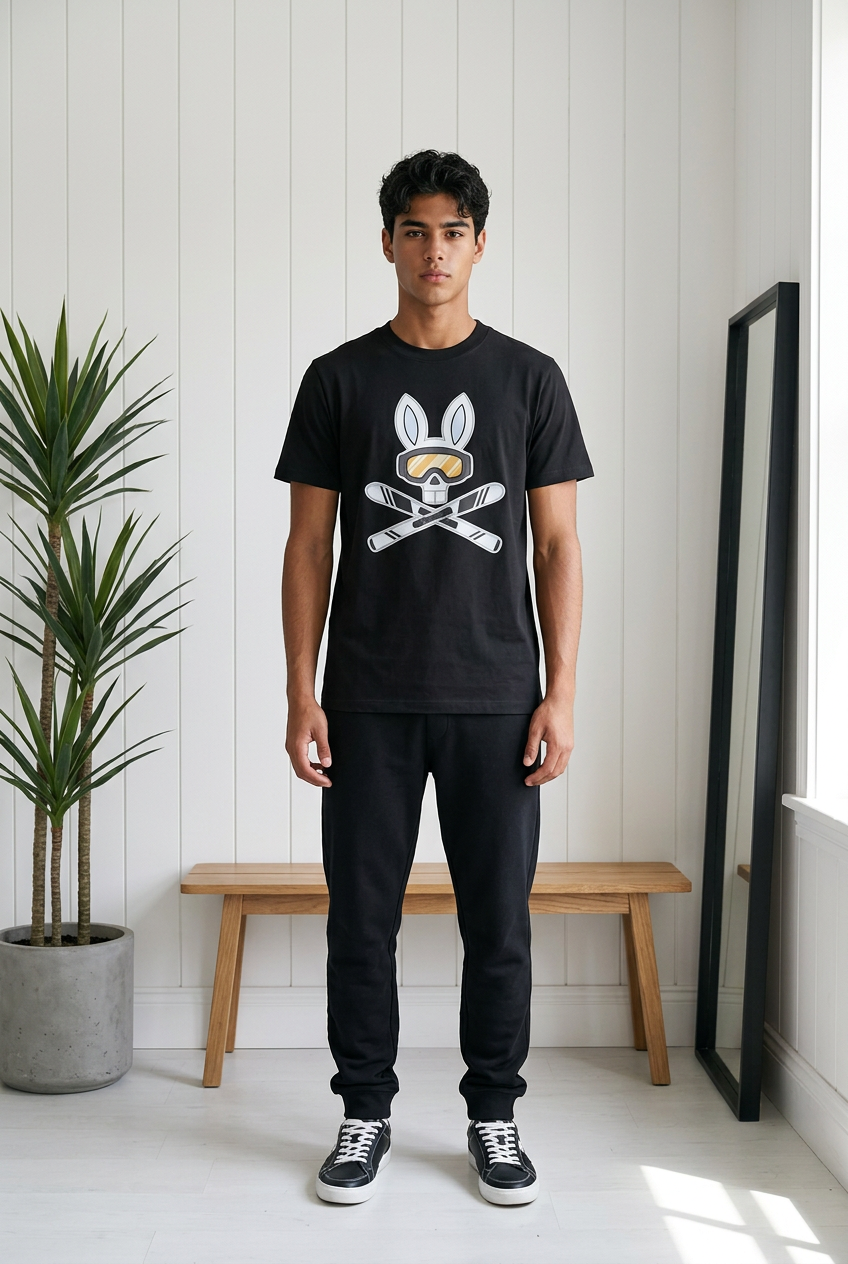 Camiseta Psycho Bunny Logo Ski Aventura Negra Hombre - Manga Corta Algodón