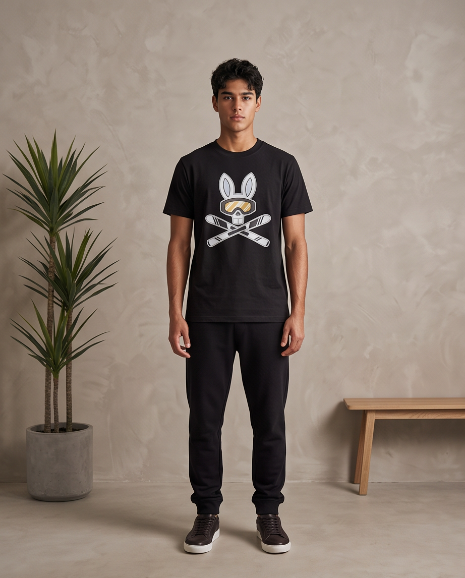 Camiseta Psycho Bunny Logo Ski Aventura Negra Hombre - Manga Corta Algodón
