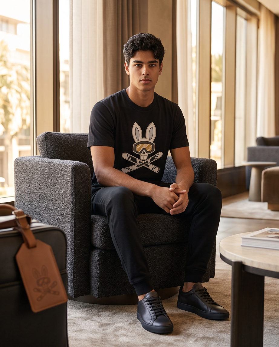 Camiseta Psycho Bunny Logo Ski Aventura Negra Hombre - Manga Corta Algodón