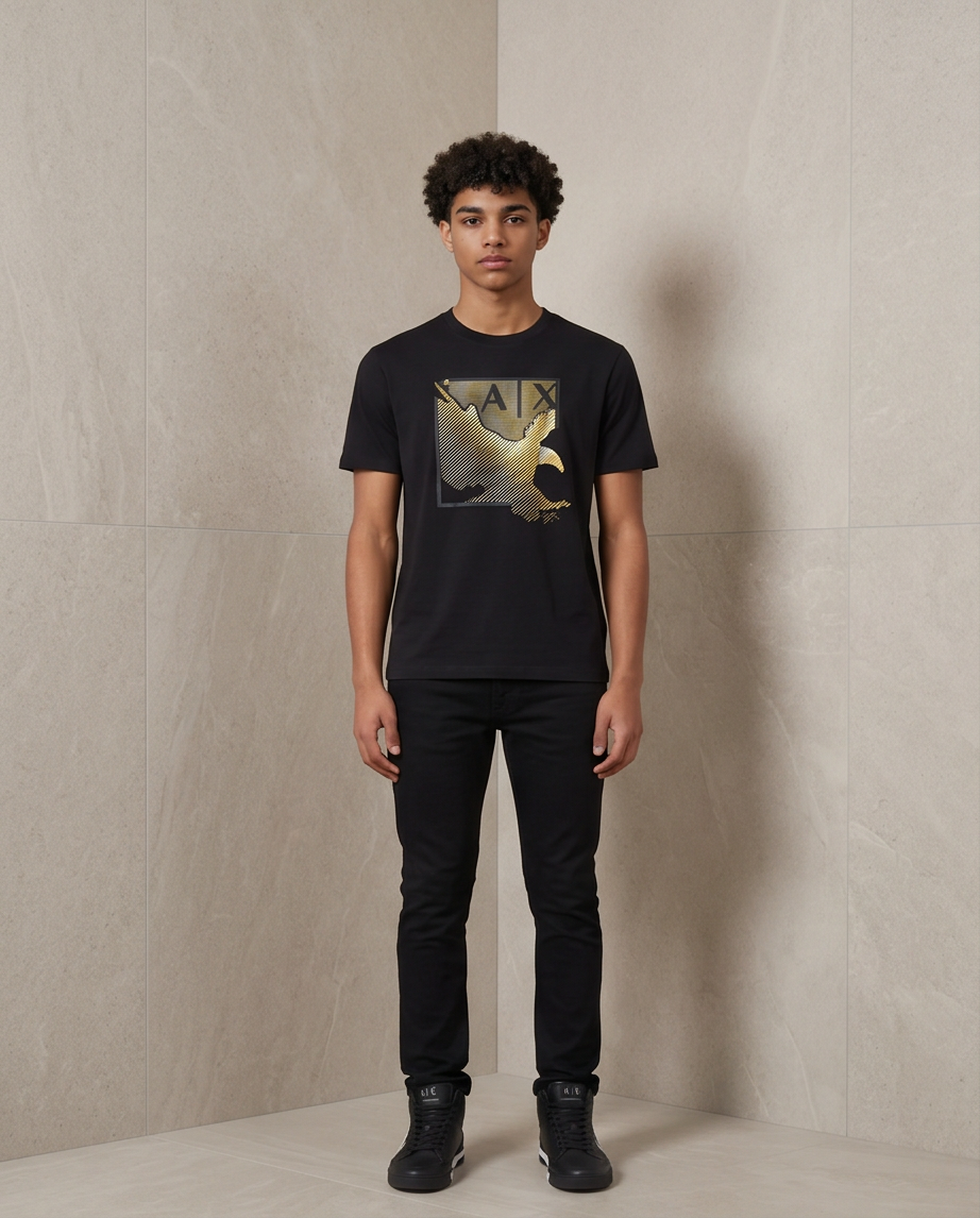 Camiseta Armani Exchange Logo AX Aguila Dorada Negra Hombre - Manga Corta Algodón