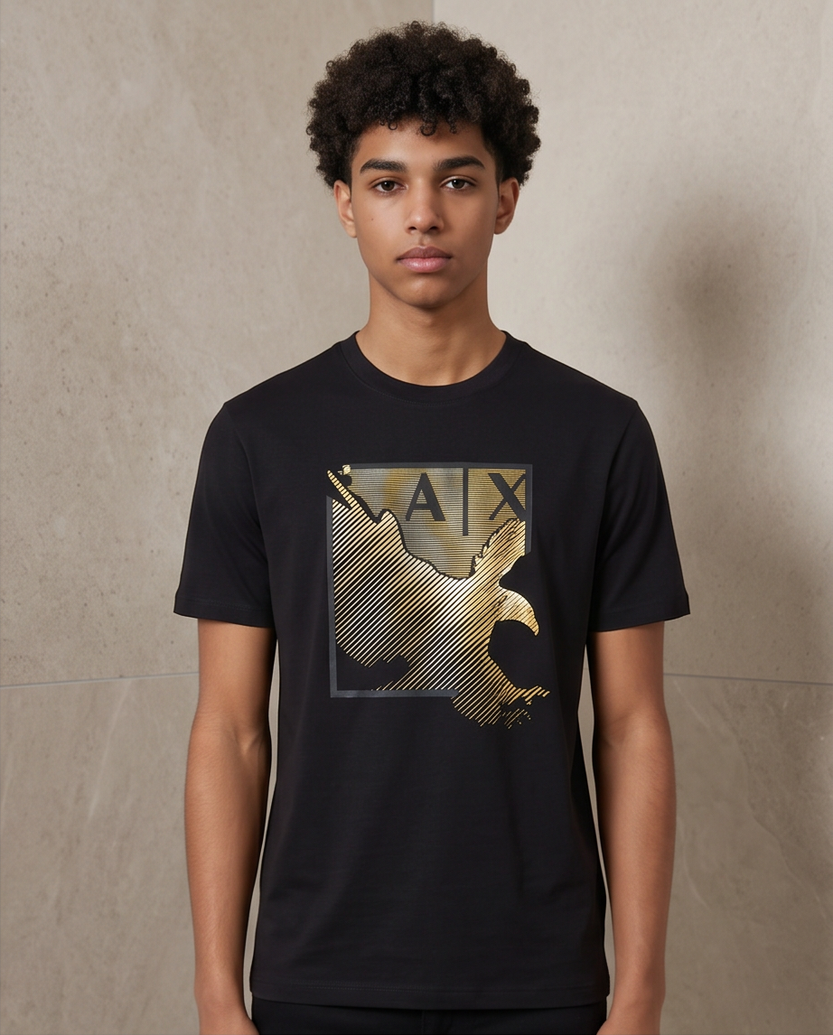 Camiseta Armani Exchange Logo AX Aguila Dorada Negra Hombre - Manga Corta Algodón