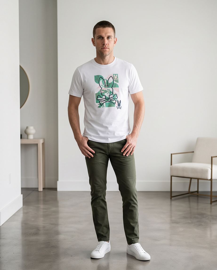 Camiseta Psycho Bunny Camuflaje Verde Rosa Blanca Hombre - Manga Corta Algodón