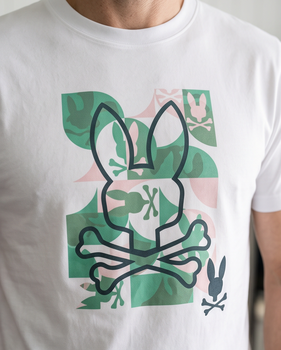 Camiseta Psycho Bunny Camuflaje Verde Rosa Blanca Hombre - Manga Corta Algodón