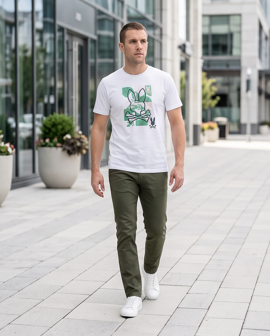 Camiseta Psycho Bunny Camuflaje Verde Rosa Blanca Hombre - Manga Corta Algodón