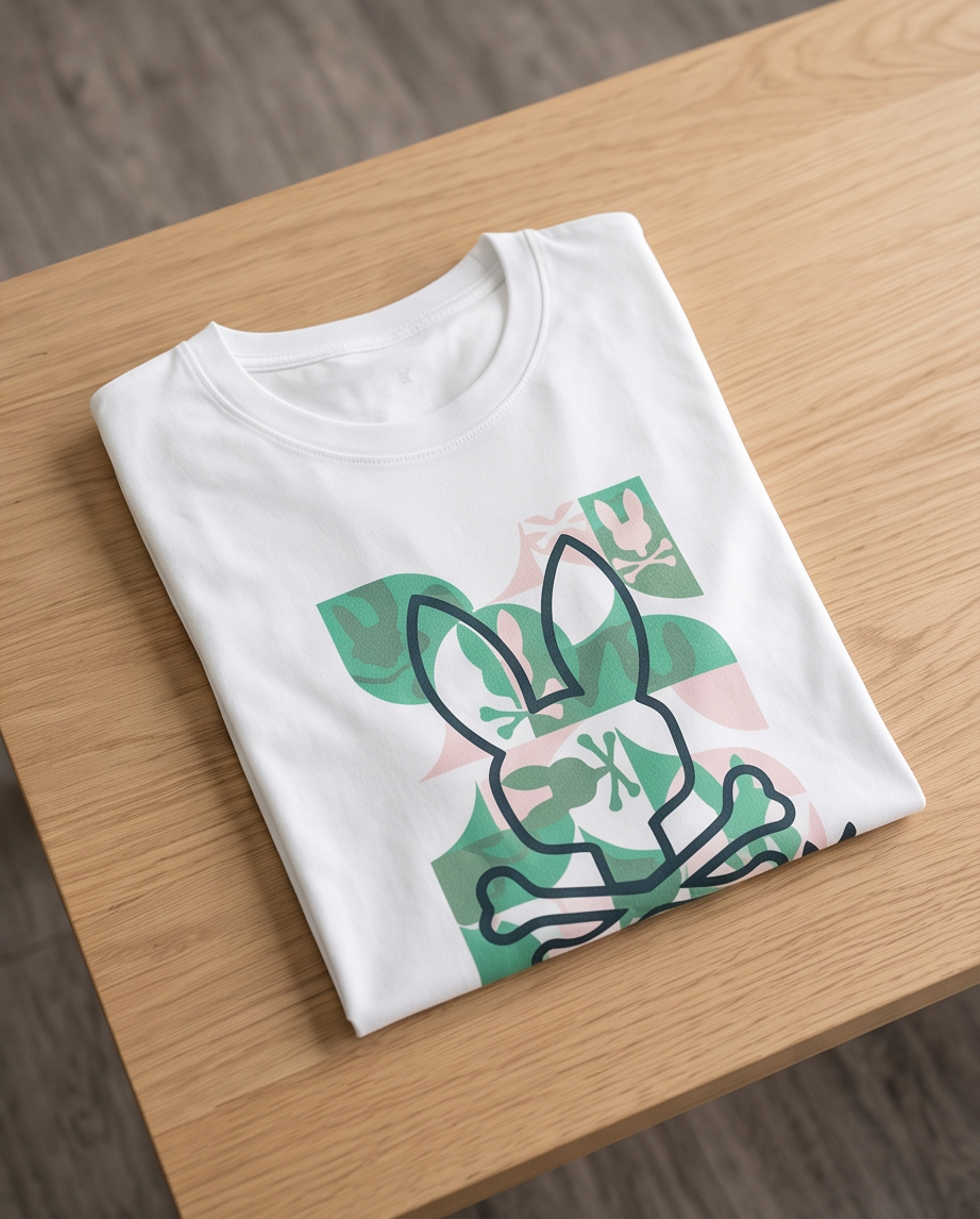 Camiseta Psycho Bunny Camuflaje Verde Rosa Blanca Hombre - Manga Corta Algodón