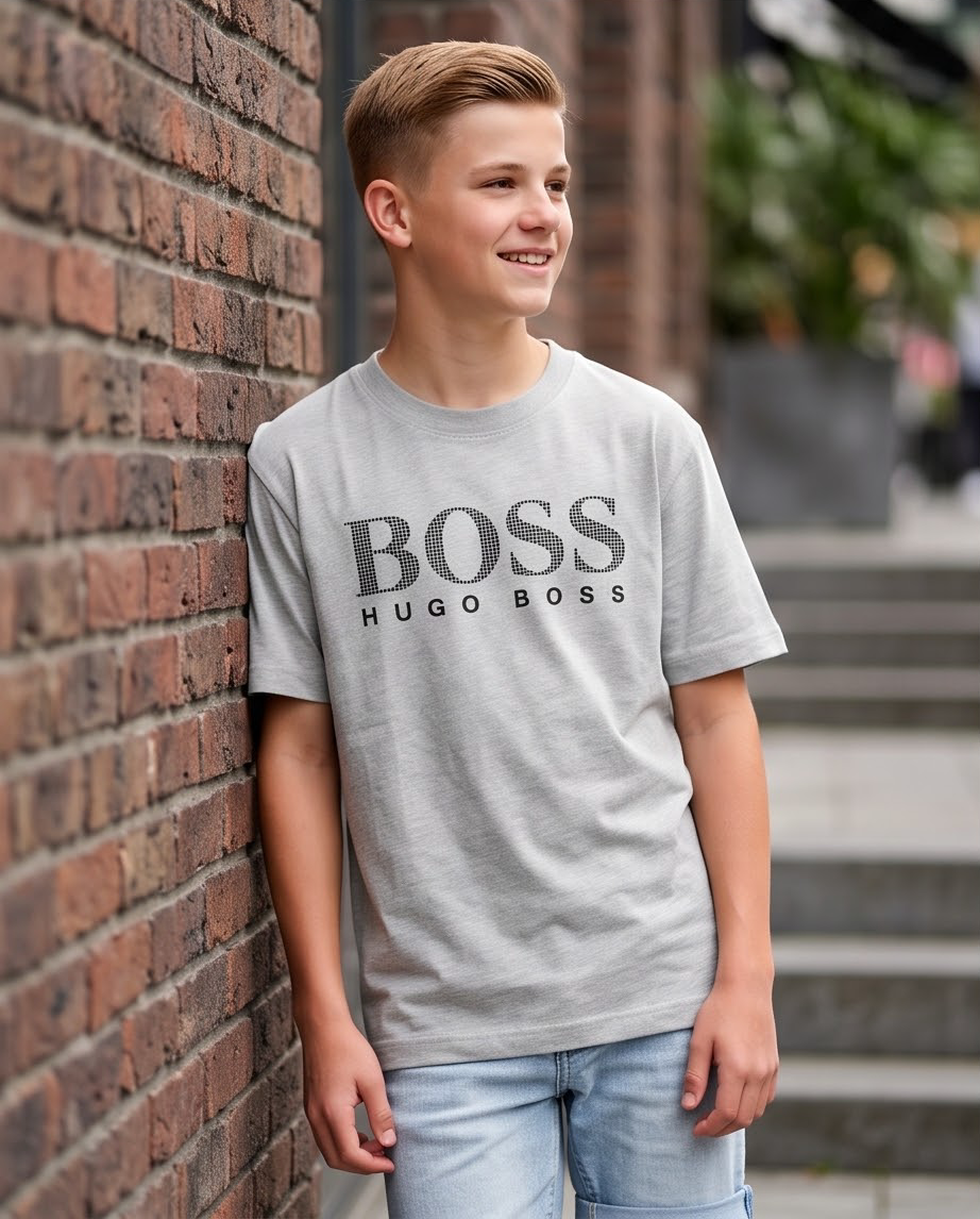 Camiseta Hugo Boss Halftone Dots Oversize Niños Verde Seco - Lifestyle modelo apoyado en pared