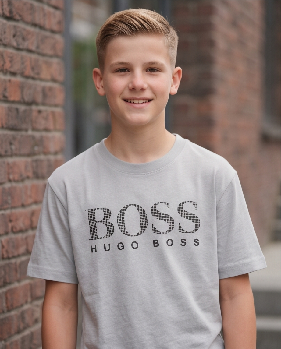 Camiseta Hugo Boss Halftone Dots Oversize Niños Verde Seco - Vista frontal modelo fachada ladrillo