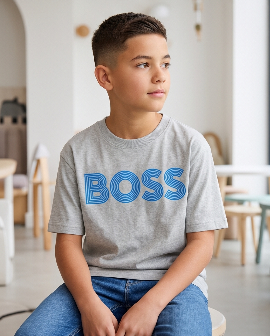 Camiseta Hugo Boss Retro Outline BOSS Oversize Niños Verde Seco - Lifestyle interior sentado