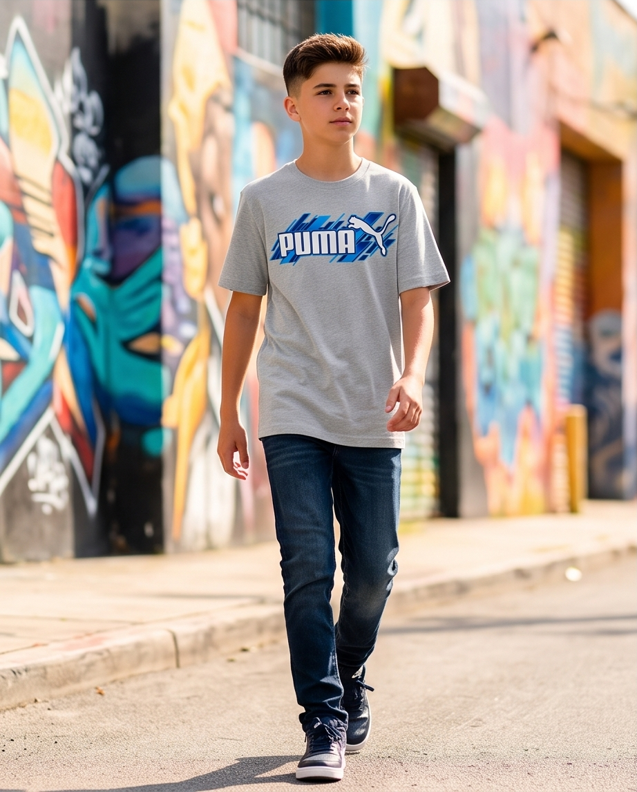 Camiseta Puma Speed Logo Oversize Niños Verde Seco - Lifestyle calle grafiti