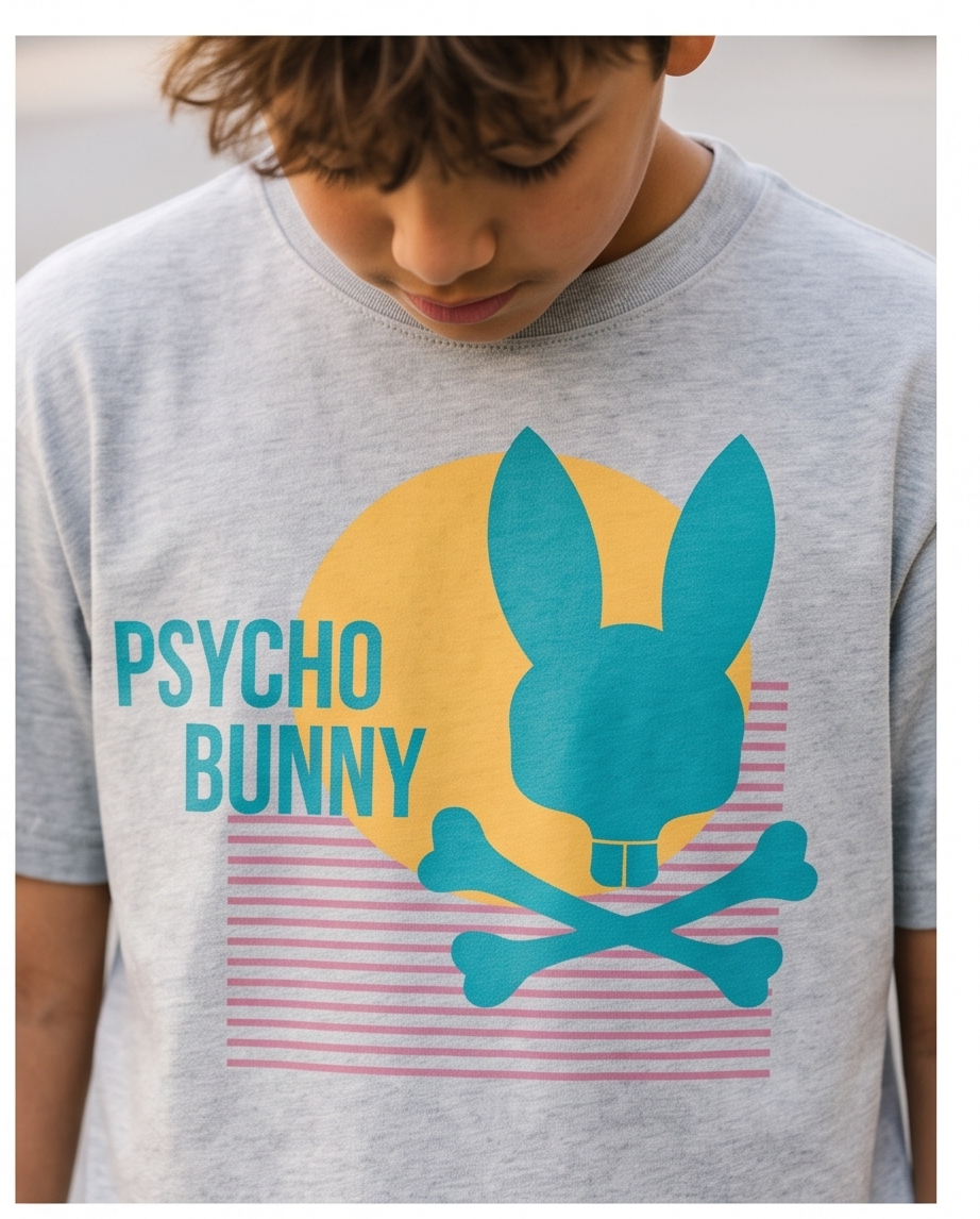 Camiseta Psycho Bunny Retro Sunset Oversize Niños Verde Seco - Detalle estampado