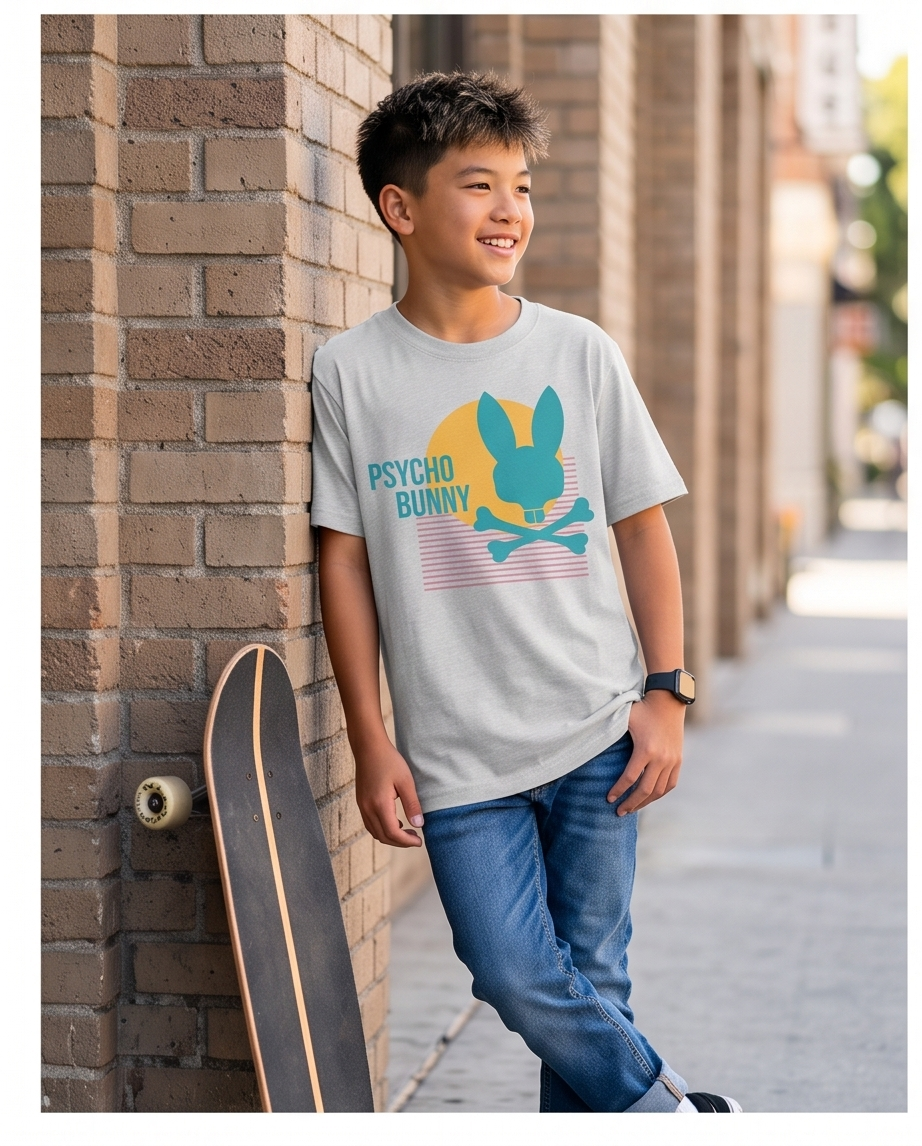 Camiseta Psycho Bunny Retro Sunset Oversize Niños Verde Seco - Lifestyle skate