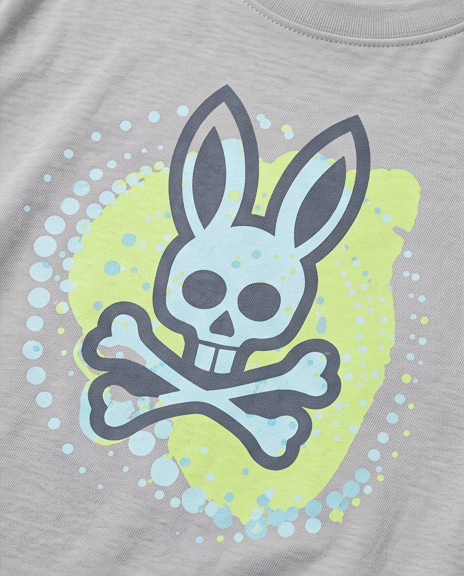 Camiseta Psycho Bunny Neon Splash Skull Oversize Niños Verde Seco - Detalle estampado