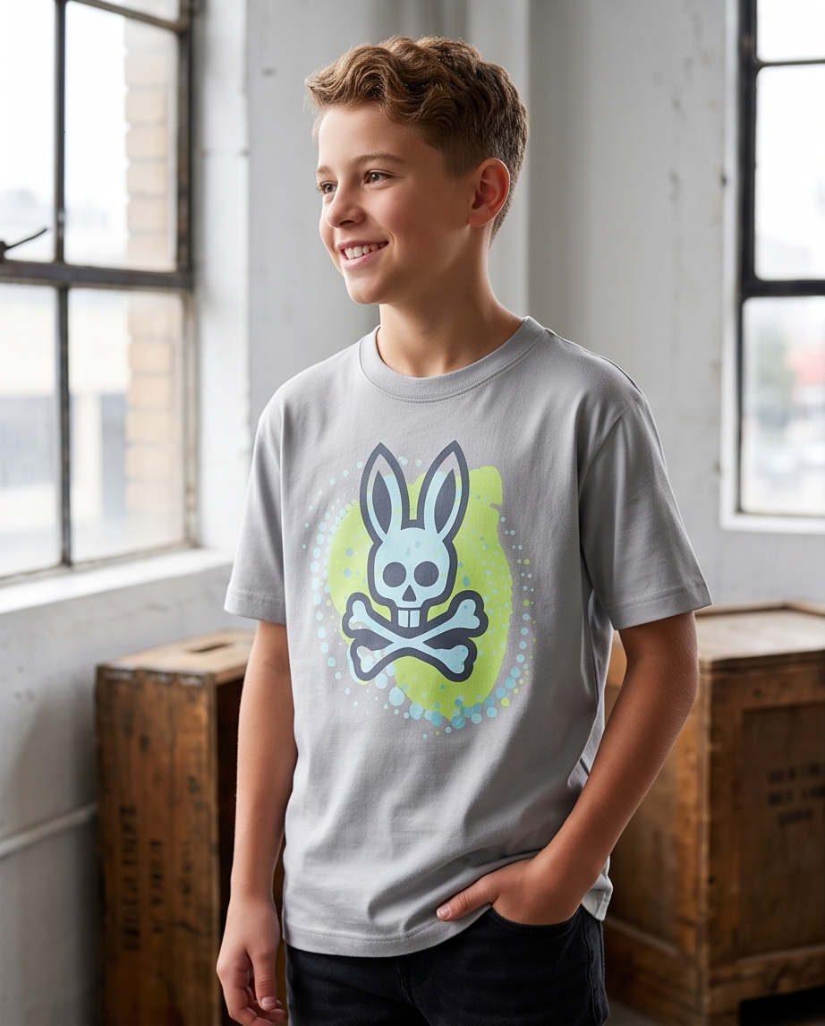 Camiseta Psycho Bunny Neon Splash Skull Oversize Niños Verde Seco - Lifestyle ventana
