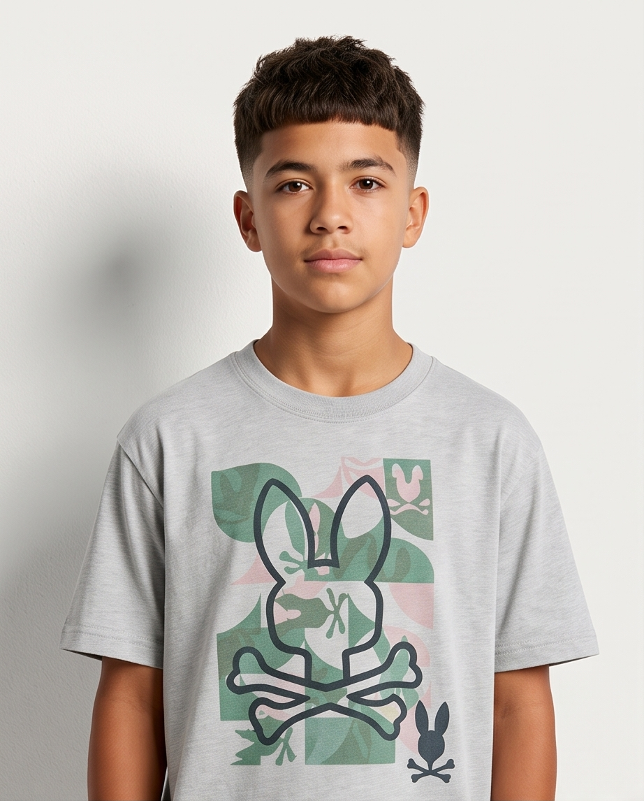 Camiseta Psycho Bunny Tropical Camo Skull Oversize Niños Verde Seco - Vista frontal modelo