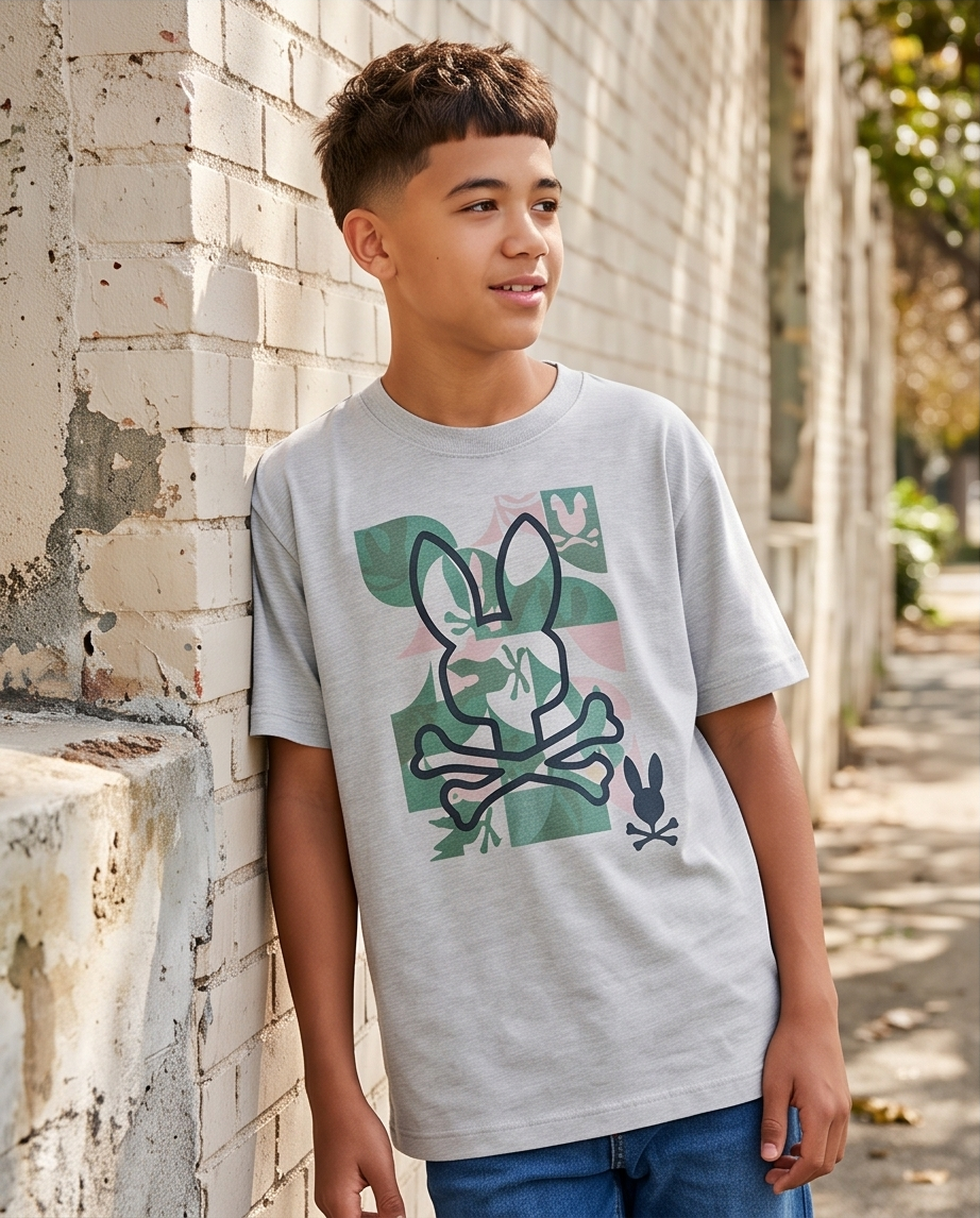 Camiseta Psycho Bunny Tropical Camo Skull Oversize Niños Verde Seco - Lifestyle calle
