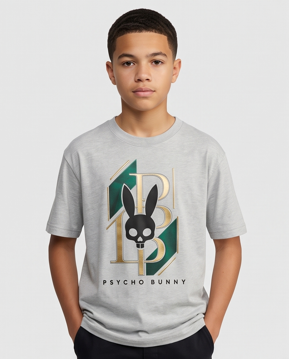 Camiseta Psycho Bunny PB Monogram Luxury Oversize Niños Verde Seco - Vista frontal modelo