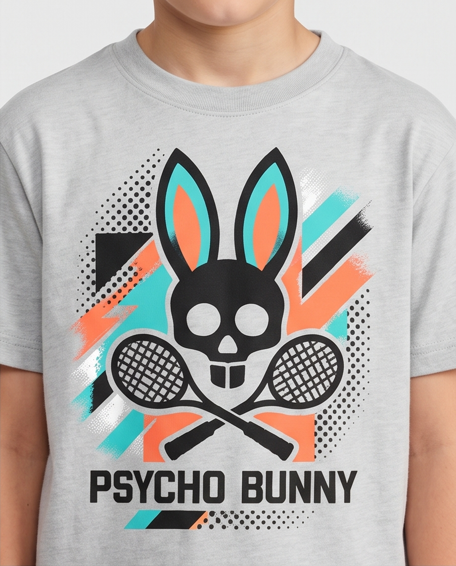 Camiseta Psycho Bunny Tennis Skull Oversize Niños Verde Seco - Detalle estampado