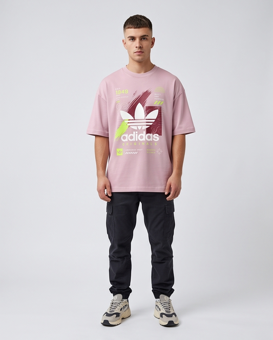Camiseta Adidas Originals Trefoil Est. 1949 Three Stripes Life Built For Purpose Brushstroke Rosa - Lifestyle modelo caminando calle exterior industrial