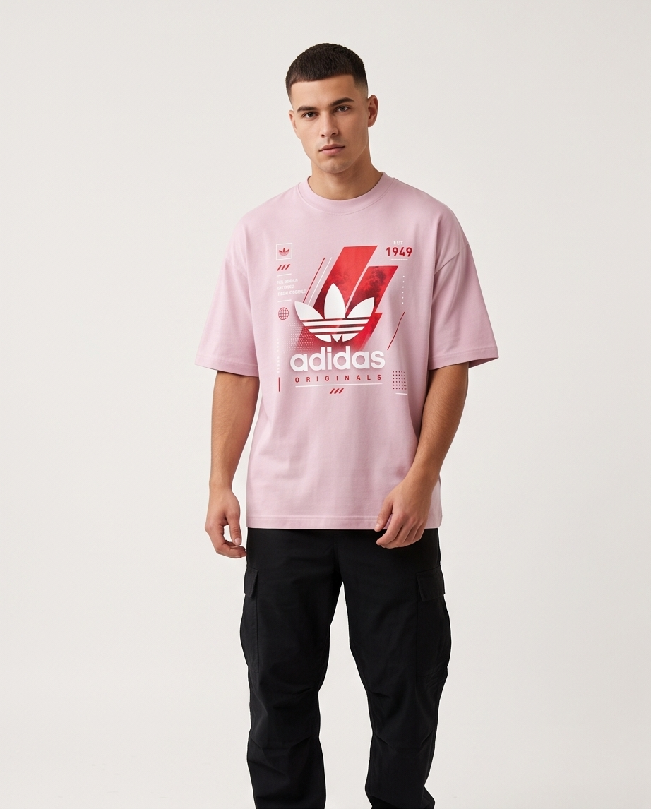 Camiseta Adidas Originals Trefoil Est. 1949 The Brand With The Three Stripes Red Smoke Rosa - Lifestyle modelo sentado borde acera calle ladrillo