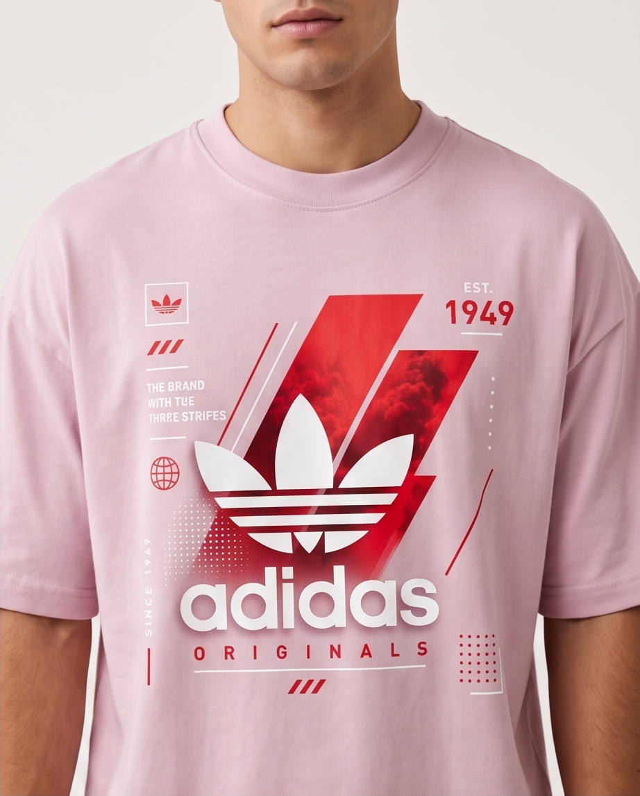 Camiseta Adidas Originals Trefoil Est. 1949 The Brand With The Three Stripes Red Smoke Rosa - Detalle estampado close-up busto trefoil rojo humo