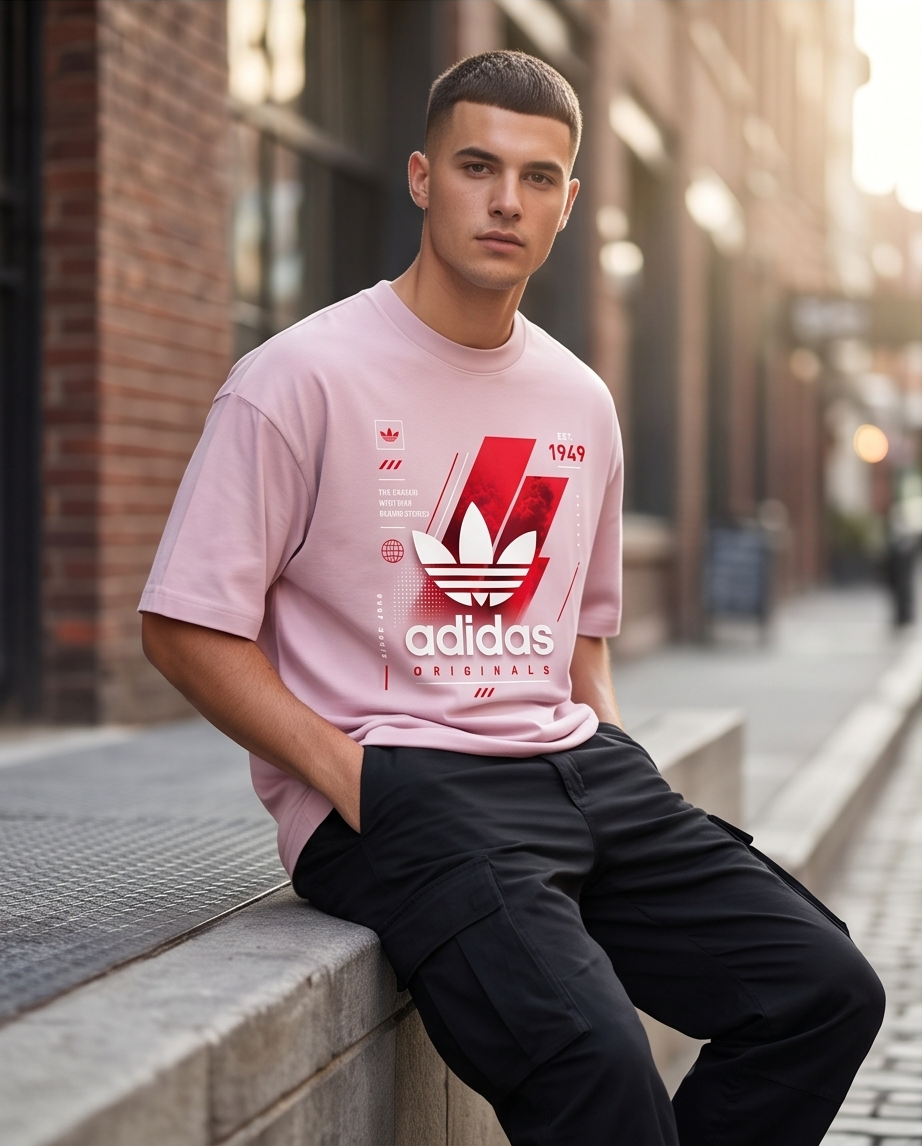Camiseta Adidas Originals Trefoil Est. 1949 The Brand With The Three Stripes Red Smoke Rosa - Lifestyle modelo vista frontal fondo blanco neutro