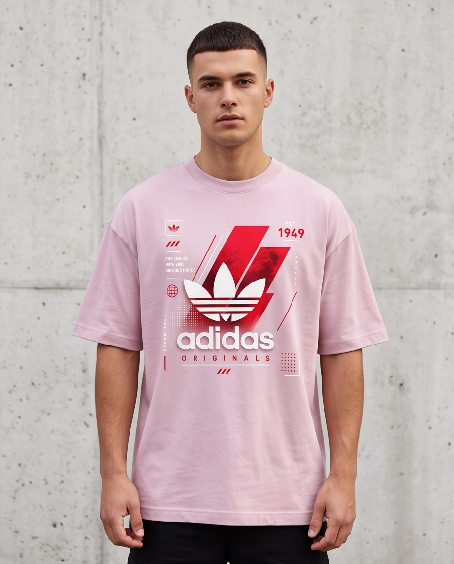 Camiseta Adidas Originals Trefoil Est. 1949 The Brand With The Three Stripes Red Smoke Rosa - Lifestyle modelo vista frontal fondo muro concreto gris