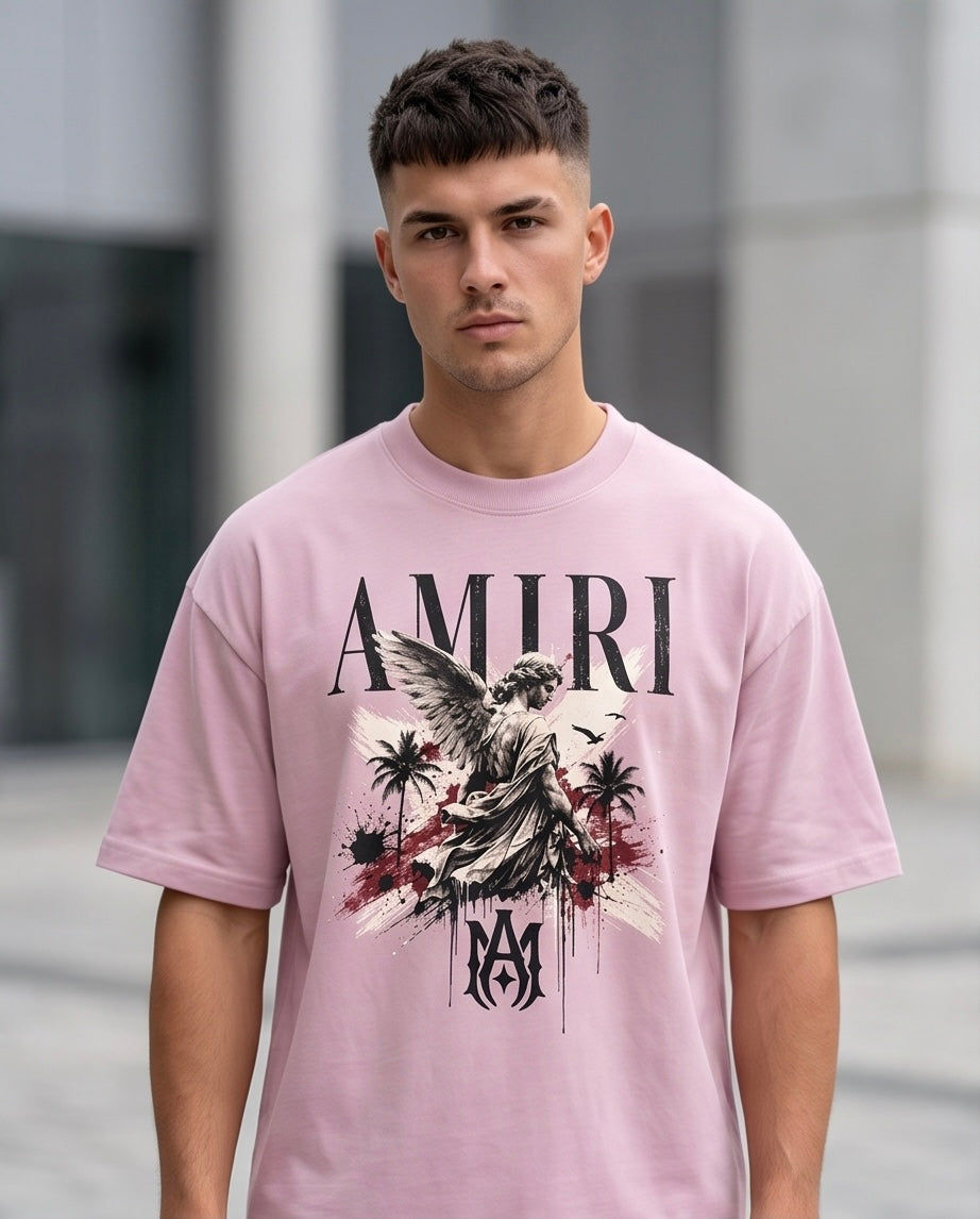 Camiseta Amiri MA Angel Palm Tree Drip Splatter Vintage Rosa - Lifestyle modelo vista frontal fondo concreto gris claro