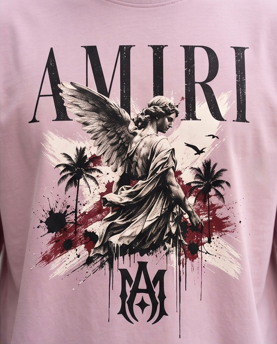Camiseta Amiri MA Angel Palm Tree Drip Splatter Vintage Rosa - Detalle estampado close-up ángel palmas drip busto
