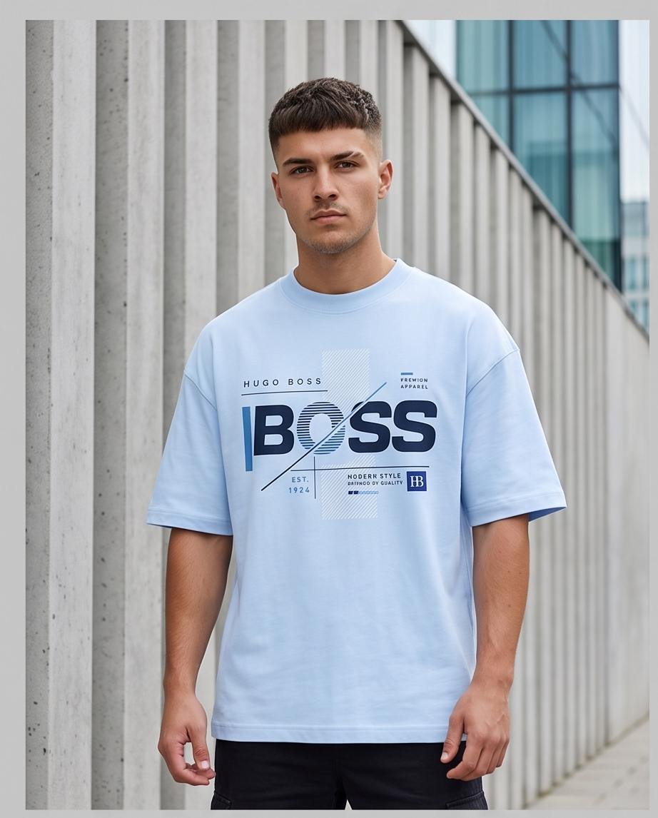 Camiseta Hugo Boss BOSS Premium Apparel Modern Style HB Geometric Azul Cielo - Lifestyle modelo vista frontal fondo columnas concreto moderno