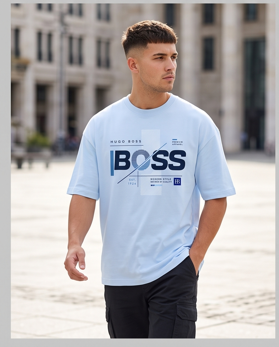 Camiseta Hugo Boss BOSS Premium Apparel Modern Style HB Geometric Azul Cielo - Lifestyle modelo caminando plaza arquitectura city