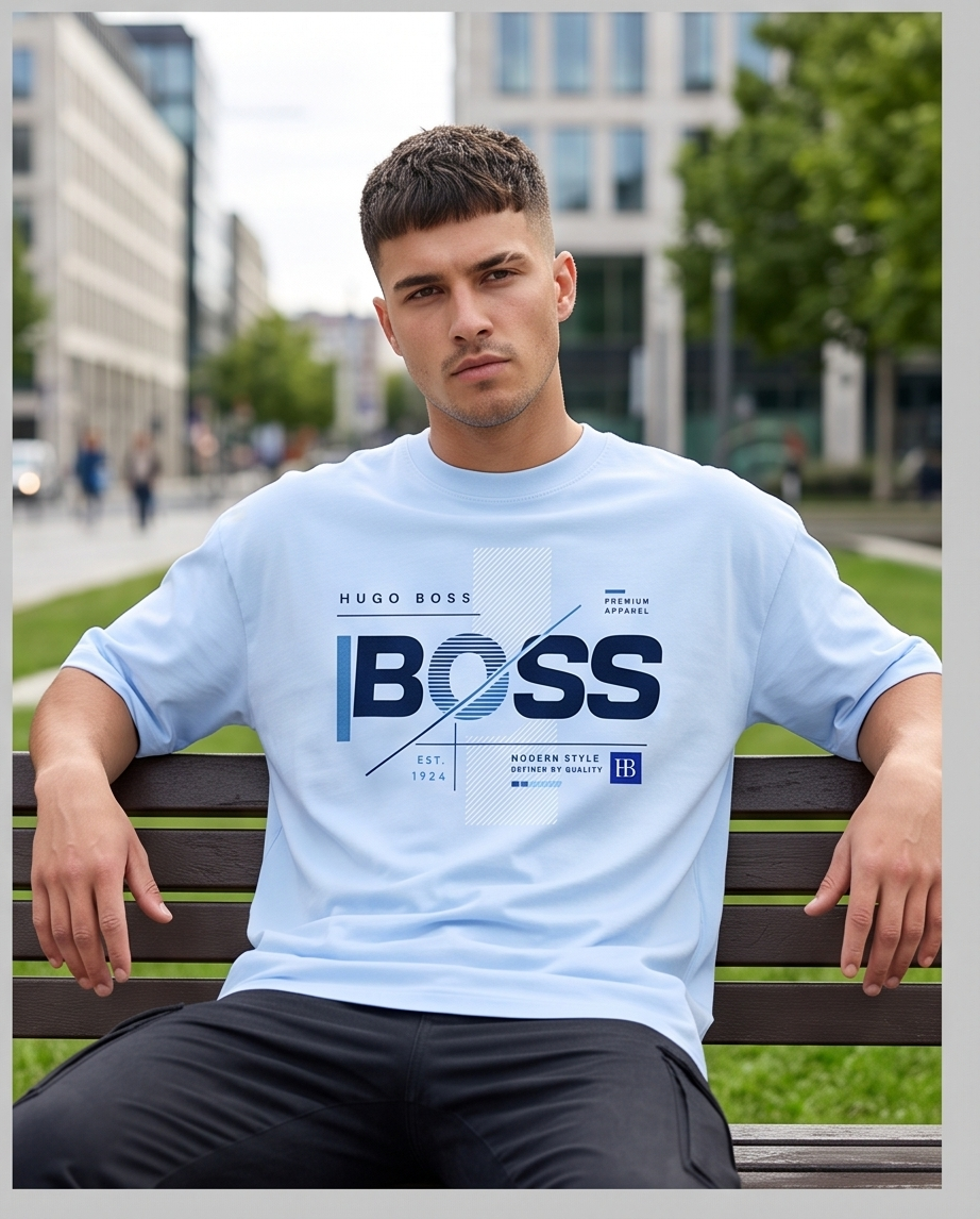 Camiseta Hugo Boss BOSS Premium Apparel Modern Style HB Geometric Azul Cielo - Lifestyle modelo sentado banco parque exterior