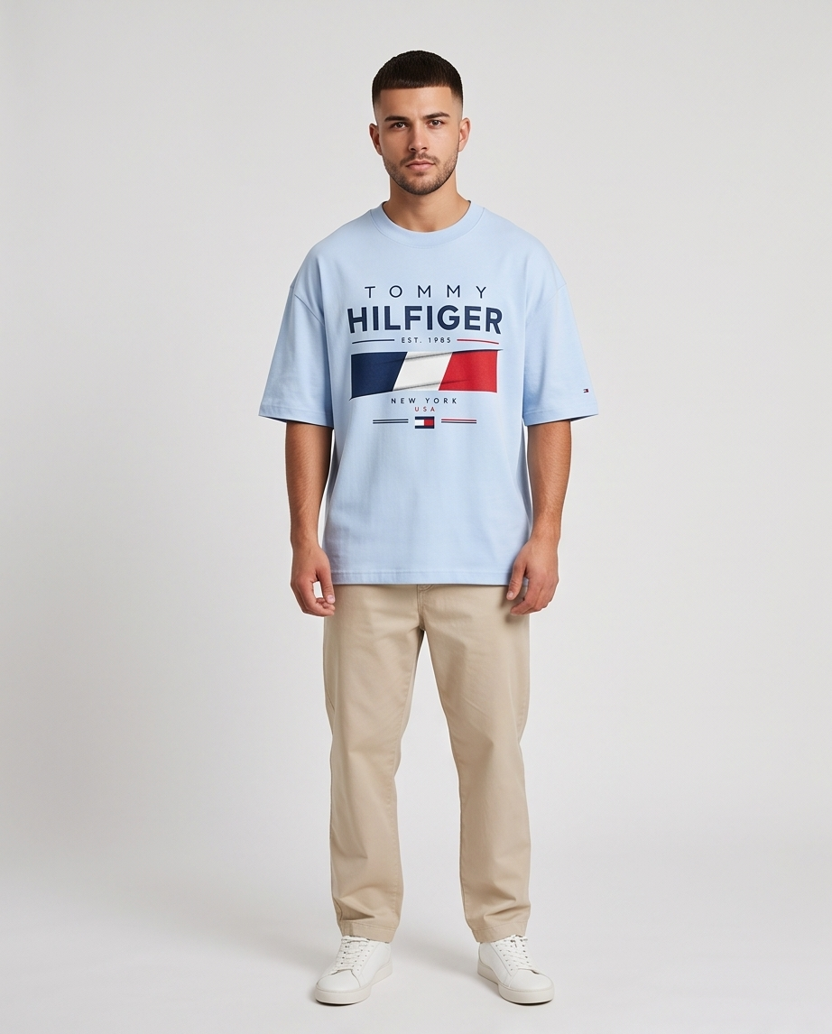 Camiseta Tommy Hilfiger Hilfiger Est. 1985 New York USA Flag Azul Cielo - Lifestyle modelo vista frontal completa fondo gris neutro