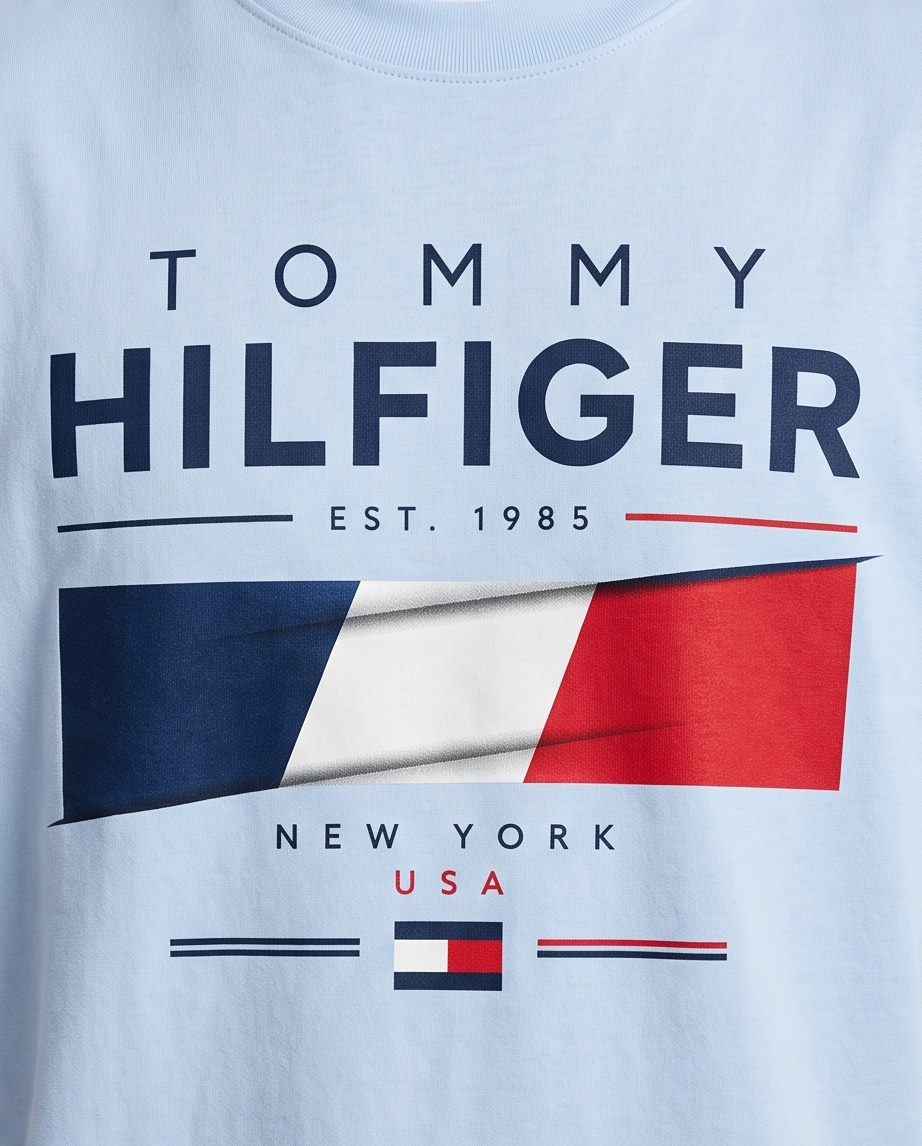 Camiseta Tommy Hilfiger Hilfiger Est. 1985 New York USA Flag Azul Cielo - Detalle estampado close-up busto bandera tricolor azul blanco rojo