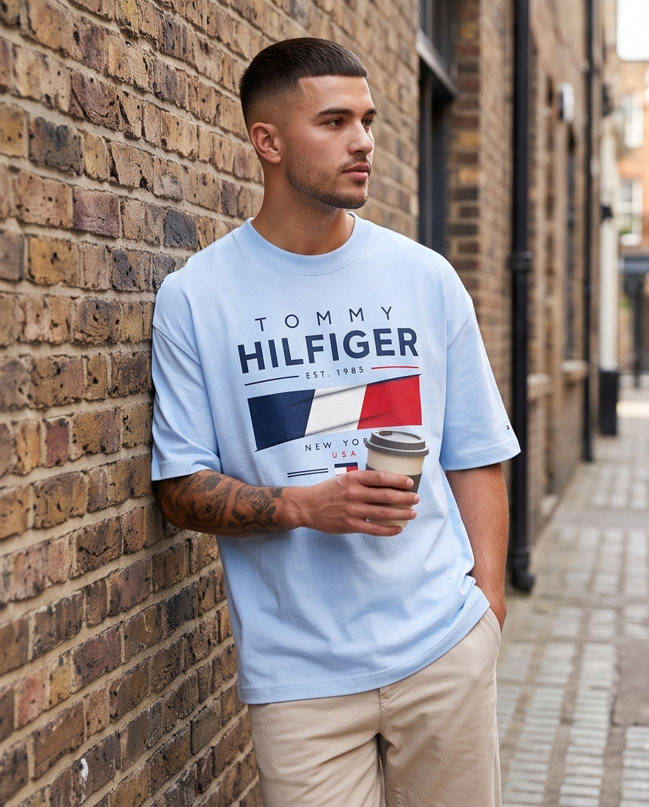 Camiseta Tommy Hilfiger Hilfiger Est. 1985 New York USA Flag Azul Cielo - Lifestyle modelo apoyado muro ladrillo calle sosteniendo café