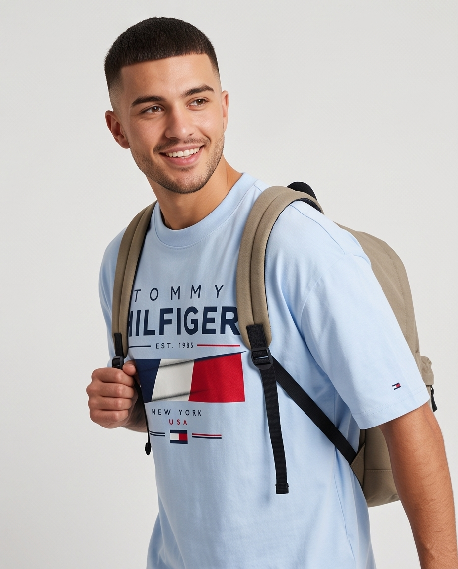 Camiseta Tommy Hilfiger Hilfiger Est. 1985 New York USA Flag Azul Cielo - Lifestyle modelo con mochila sonriendo fondo gris neutro