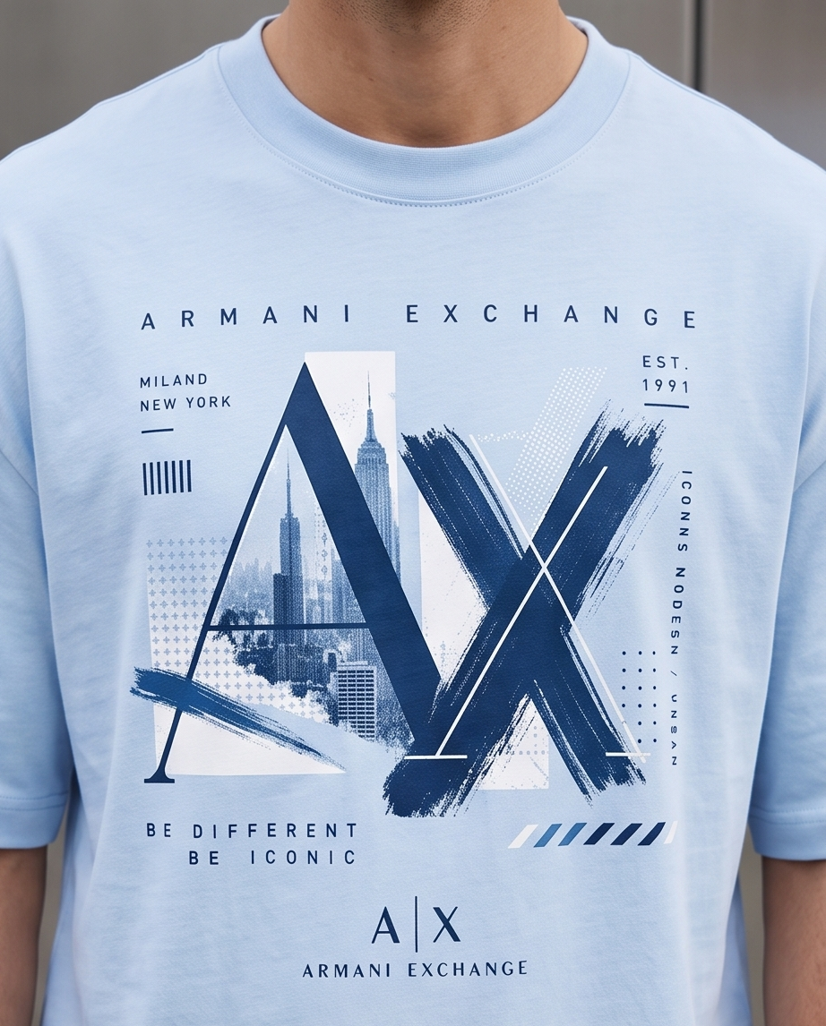 Camiseta Armani Exchange AX Milano New York Be Different Be Iconic Azul Cielo - Detalle estampado close-up busto AX skyline