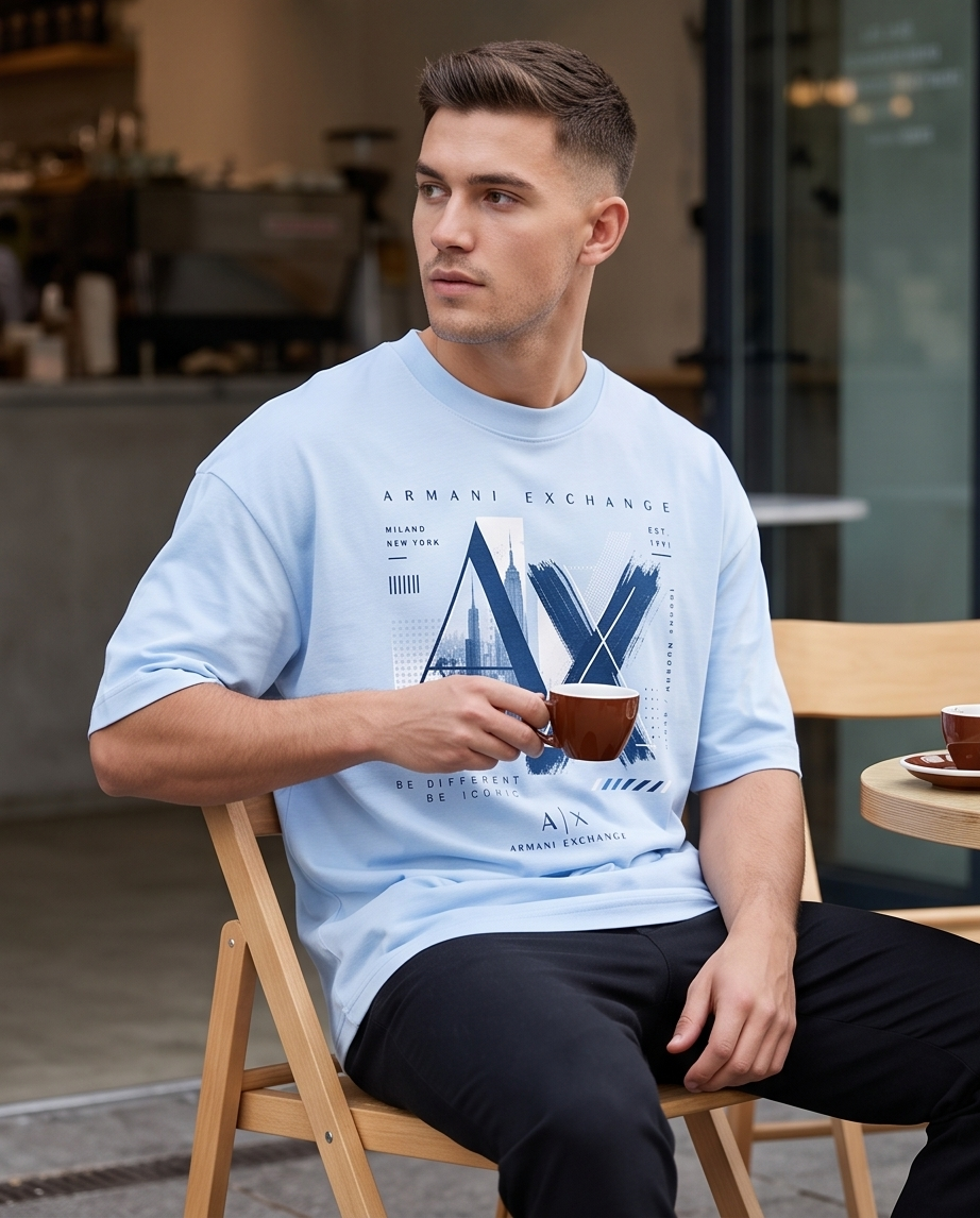 Camiseta Armani Exchange AX Milano New York Be Different Be Iconic Azul Cielo - Lifestyle modelo sentado cafetería exterior sosteniendo taza