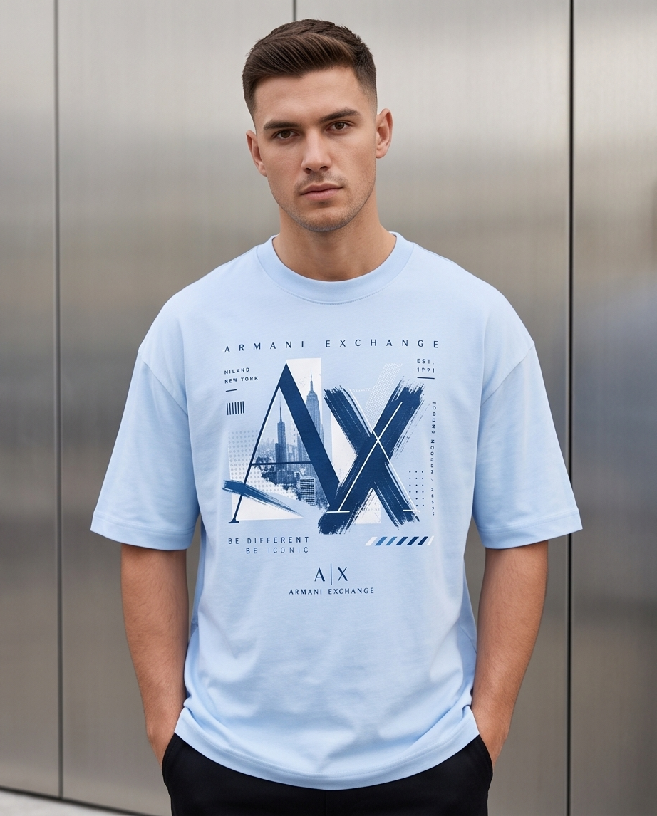 Camiseta Armani Exchange AX Milano New York Be Different Be Iconic Azul Cielo - Lifestyle modelo posando fondo metal plateado manos bolsillos