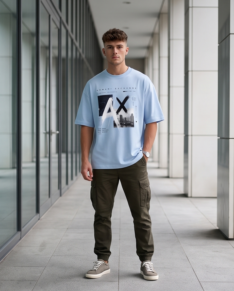 Camiseta Armani Exchange AX New Energy New Generation Azul Cielo - Lifestyle modelo vista frontal completa pasillo edificio vidrio