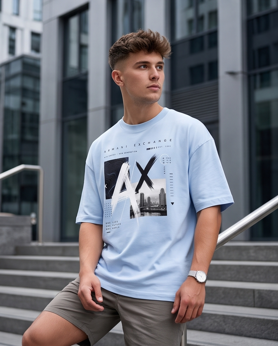 Camiseta Armani Exchange AX New Energy New Generation Azul Cielo - Lifestyle modelo sentado escaleras exterior edificio