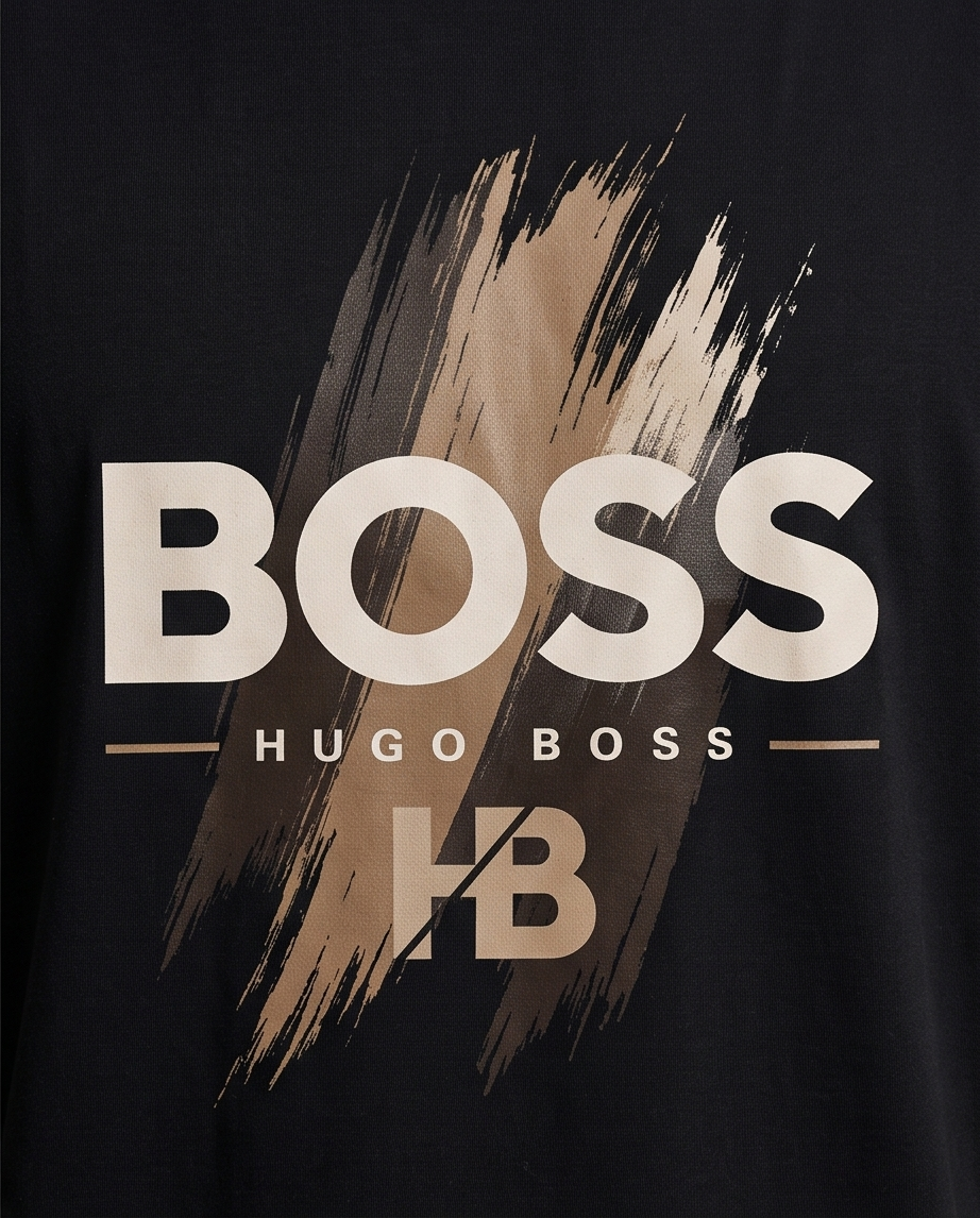 Camiseta Hugo Boss BOSS HB Gold Brushstroke Negro - Detalle estampado close-up busto fondo negro