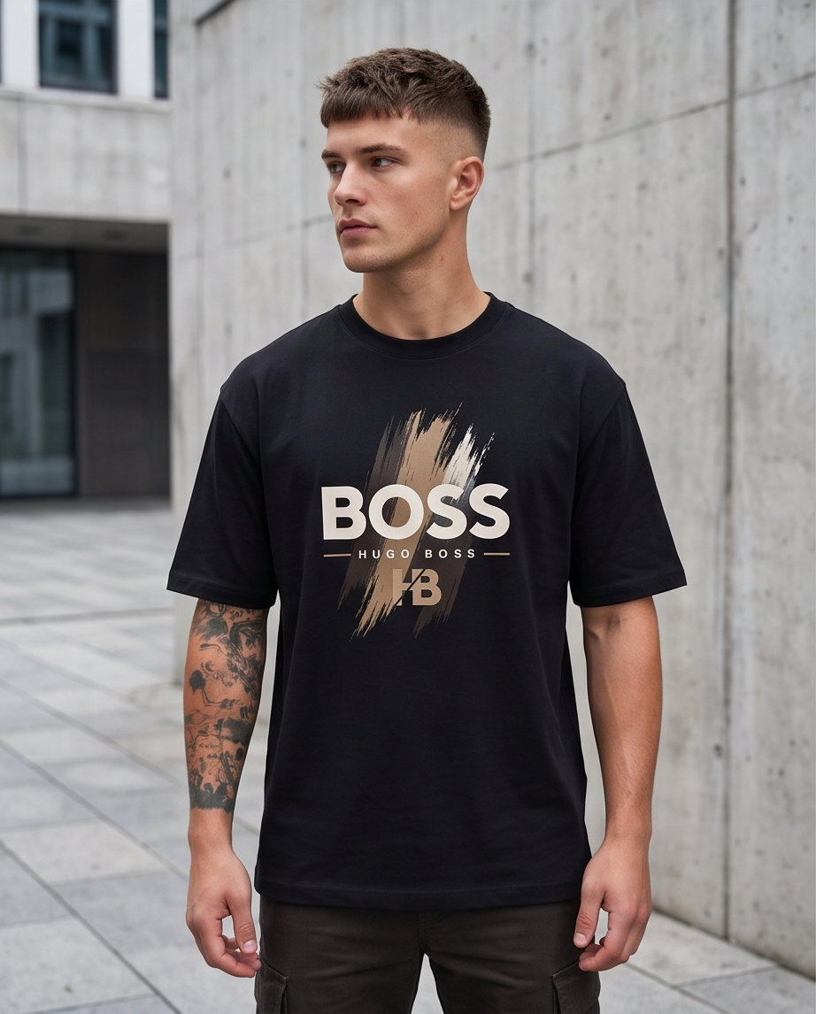 Camiseta Hugo Boss BOSS HB Gold Brushstroke Negro - Lifestyle modelo posando fondo muro concreto exterior