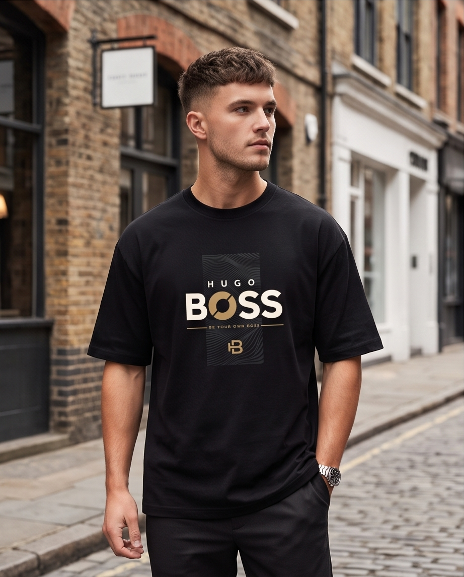 Camiseta Hugo Boss BOSS Be Your Own Boss Gold HB Monogram Wave Negro - Lifestyle modelo caminando calle adoquinada ladrillo
